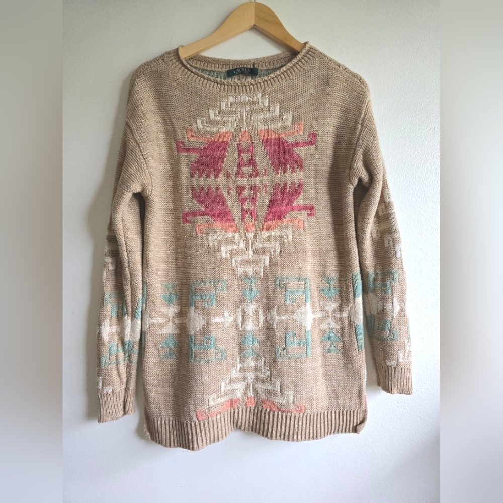LAUREN Ralph Lauren, Aztec Southwestern Sweater, Tan, Size PM - Picture 3 of 9